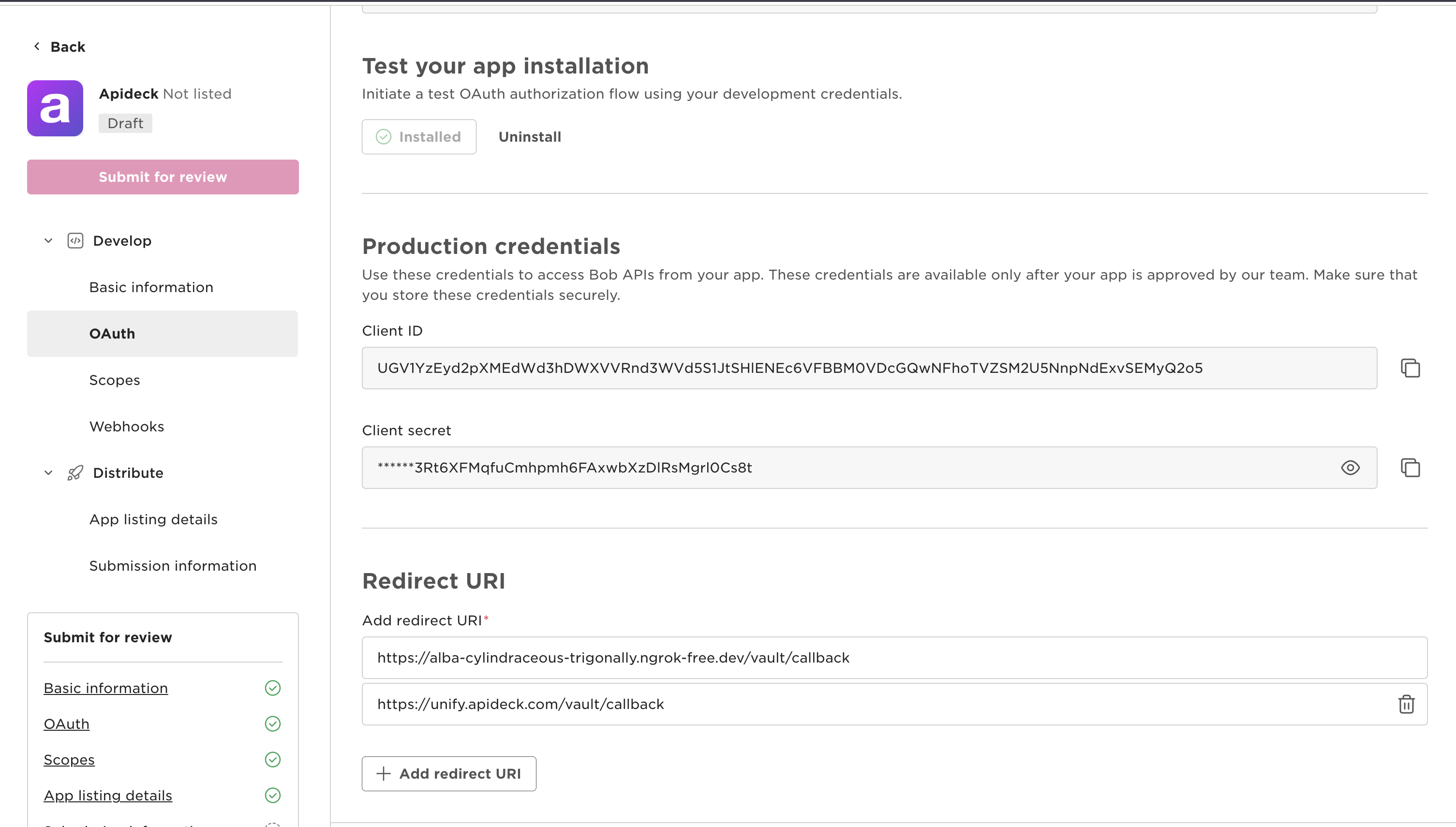 Hibob OAuth App Redirect URL