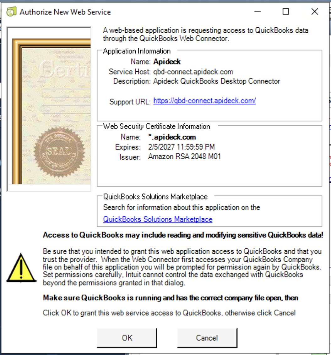 QuickBooks authorization prompt