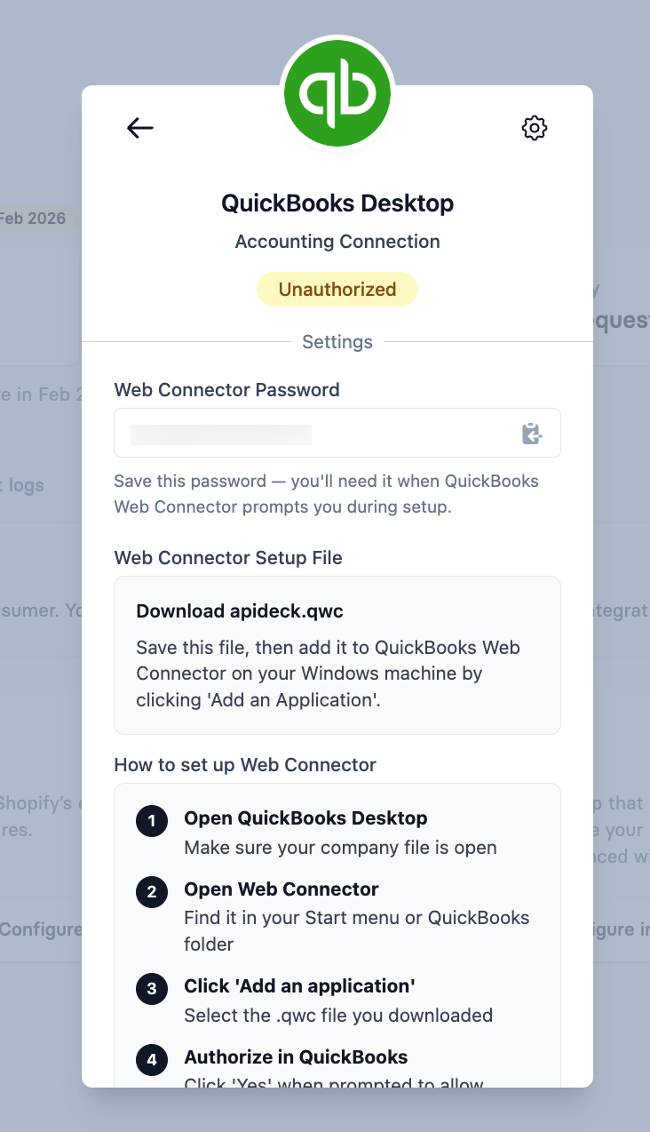 Apideck Vault: copy the Web Connector Password and download apideck.qwc