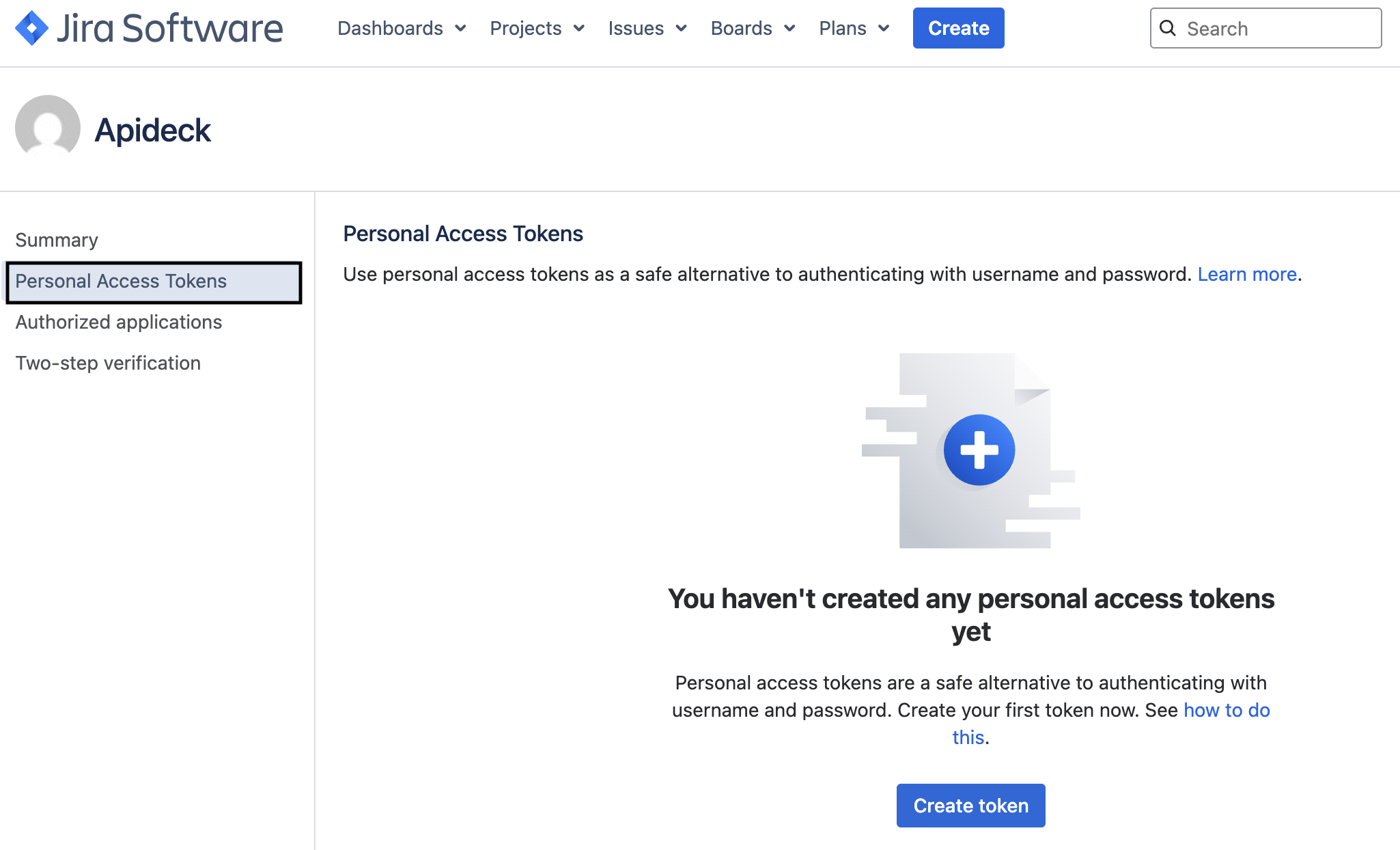Jira profile page with the Personal Access Tokens item in the left-hand menu