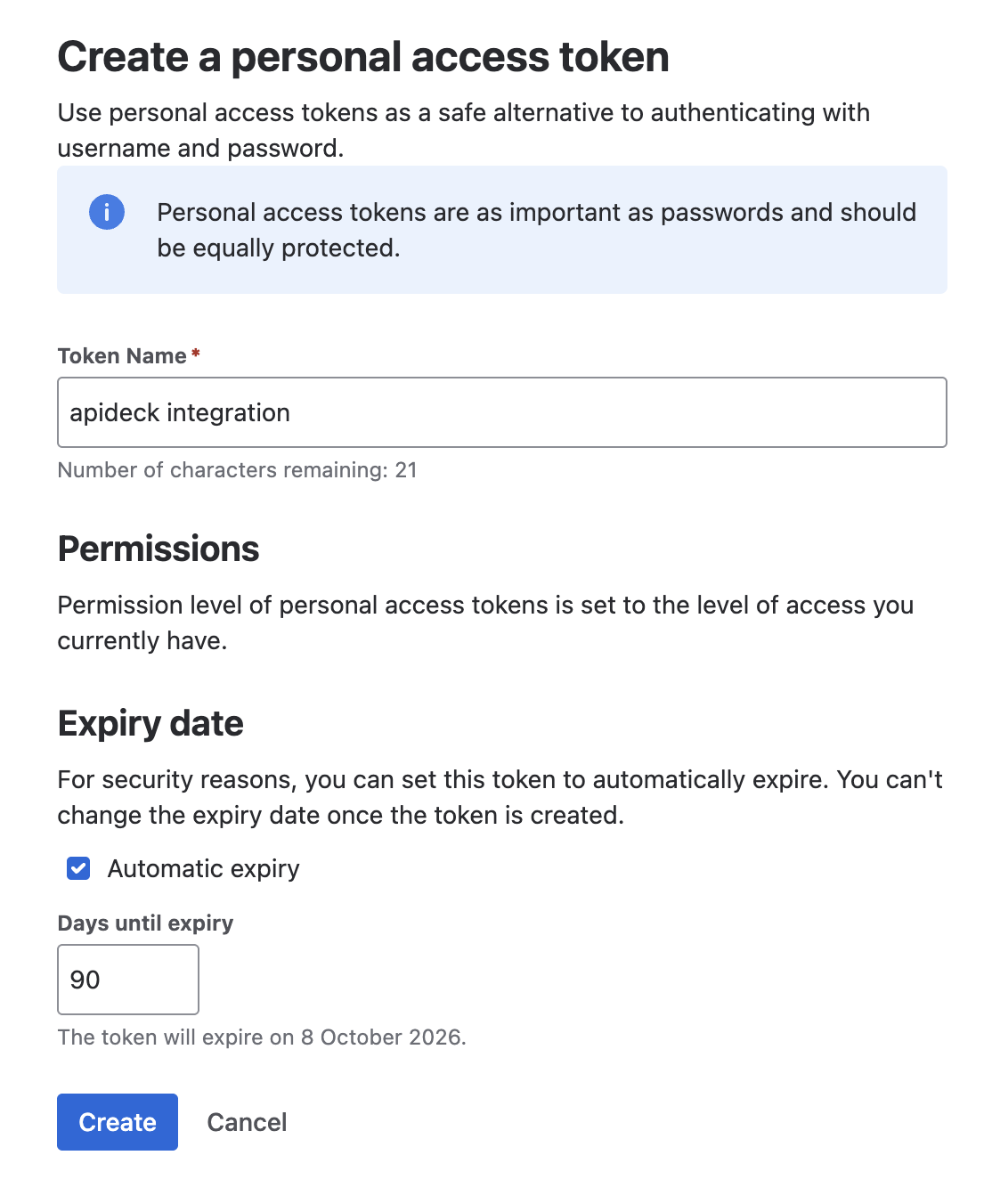 The Create a personal access token dialog with a token name and optional expiry