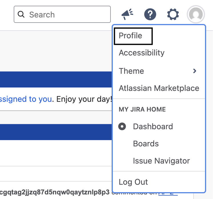 Jira profile menu opened from the avatar in the top-right corner