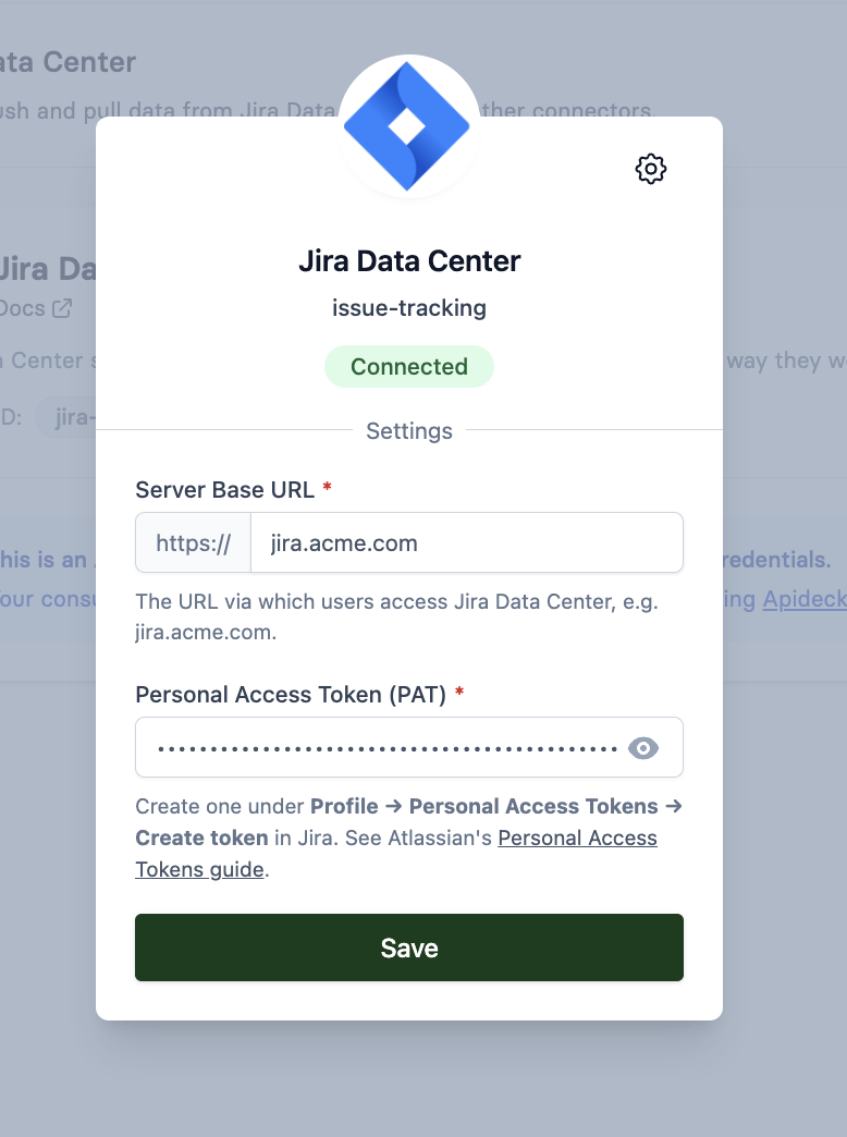 Apideck Vault Jira Data Center connection settings form