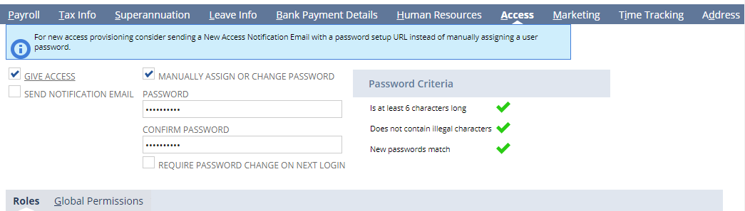 Employee access tab