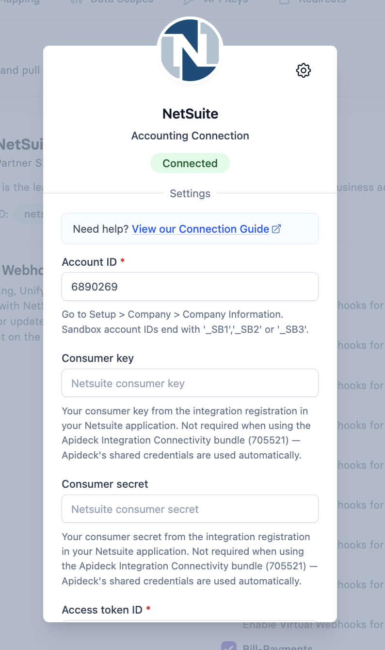 Vault NetSuite connection form — 3 fields filled