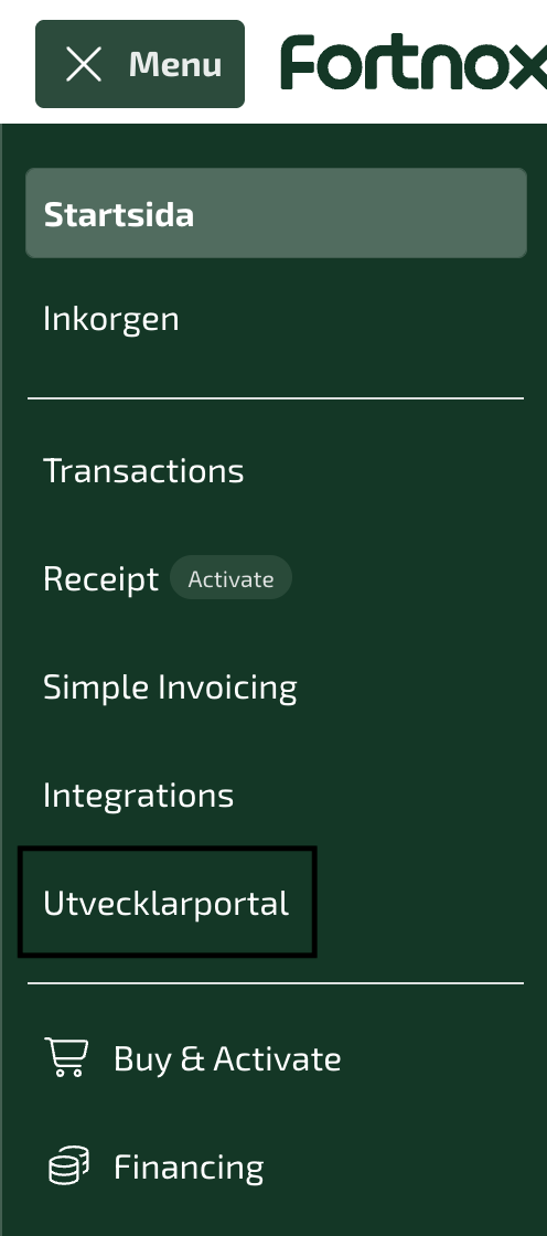Fortnox app menu with Utvecklarportal highlighted
