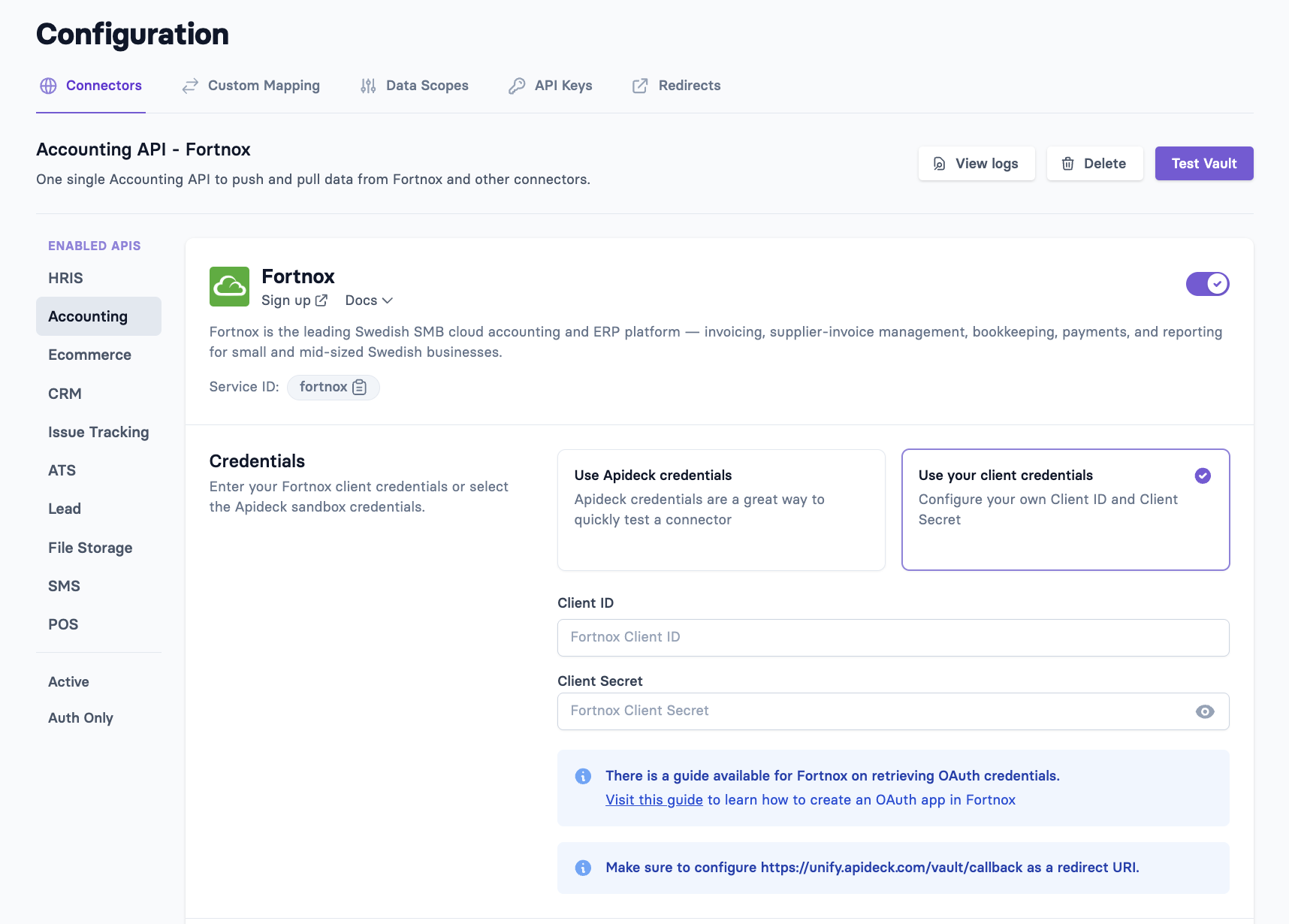 Apideck Fortnox connector configuration with credentials options