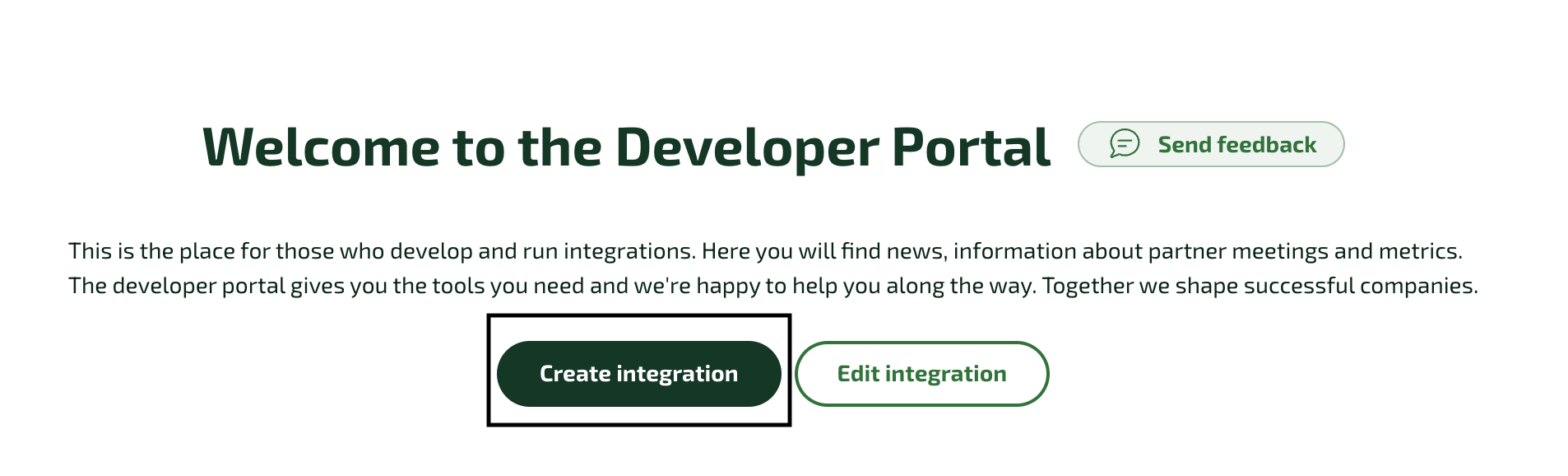 Fortnox Developer Portal welcome page with Create integration button
