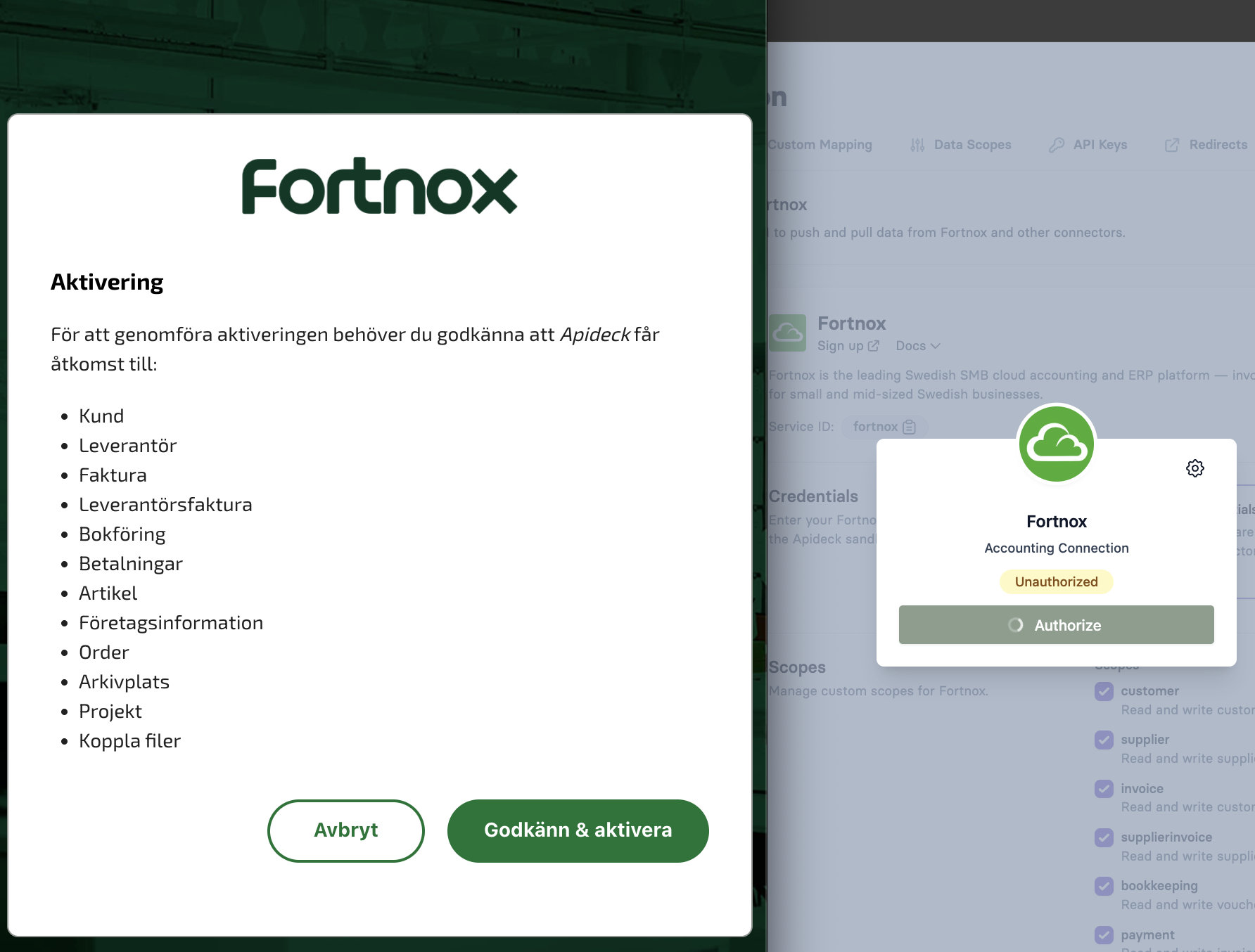 Fortnox Aktivering consent dialog listing permissions in Swedish