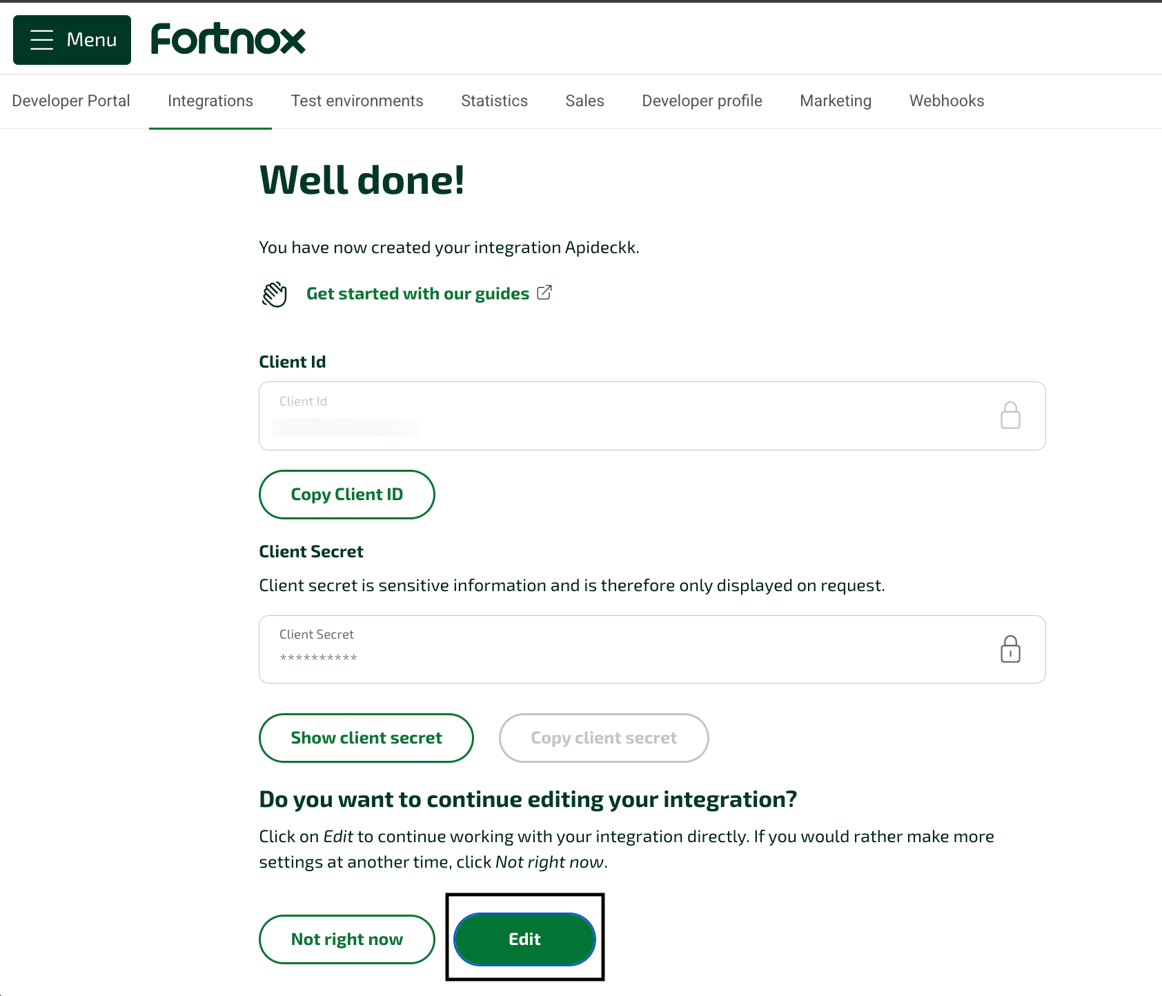Fortnox confirmation page showing Client Id and masked Client Secret