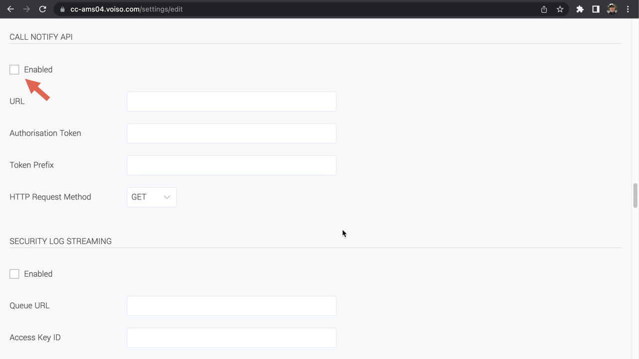 Call Notify API settings in Administration System Settings