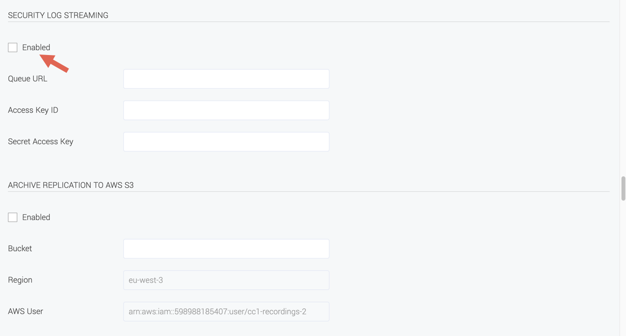 security log streaming settings in Administration System Settings