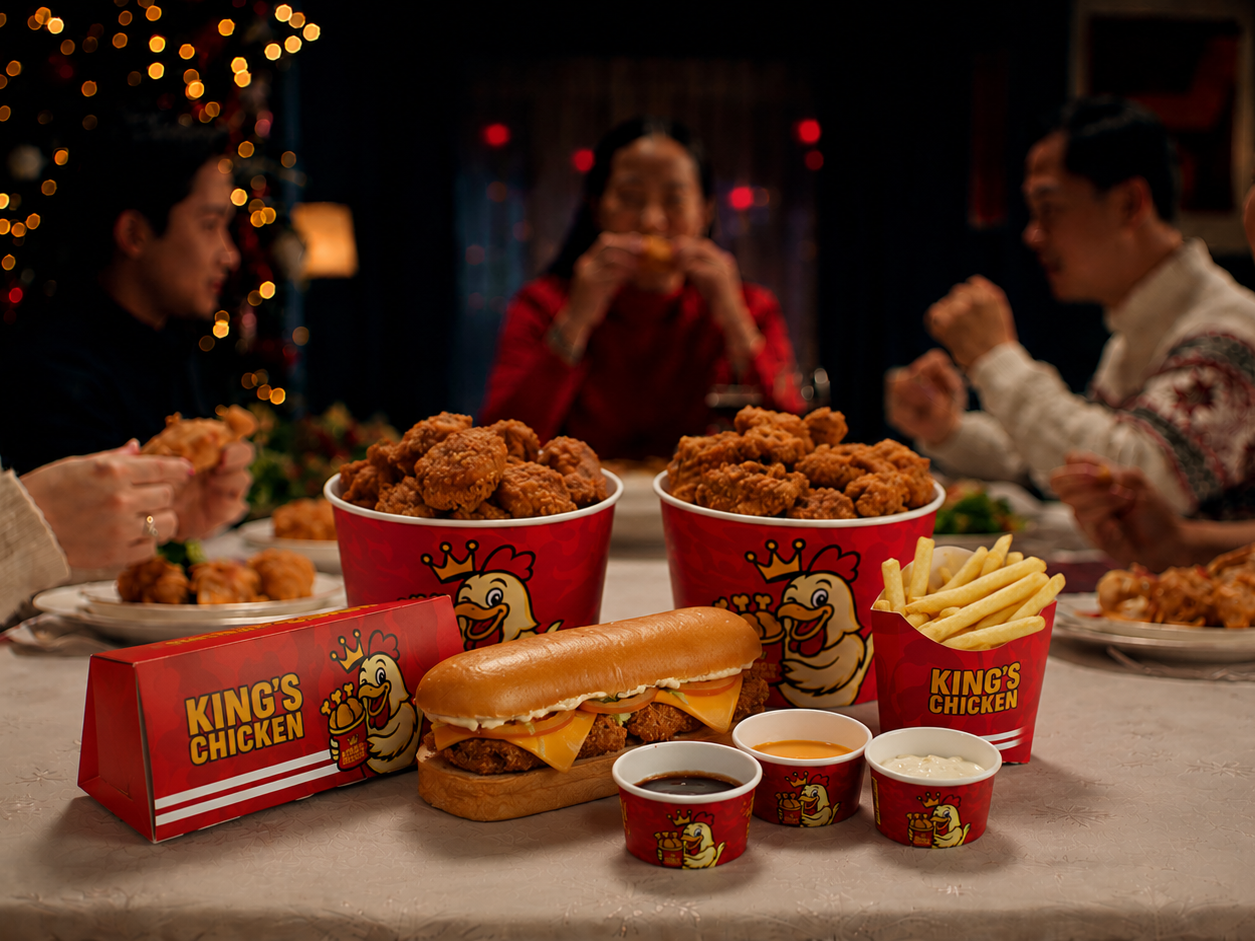 Balde de frango frito King's Chicken com refrigerante e molho, servido
