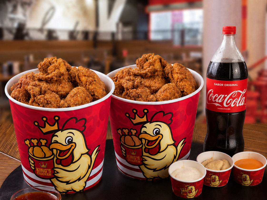 Combo de baldes de frango King's Chicken com refrigerante e molhos para compartilhar