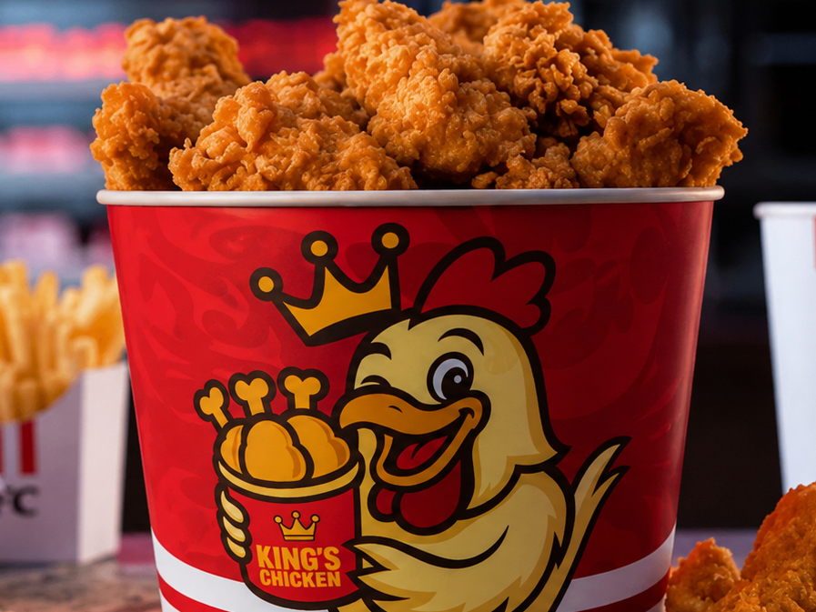 Balde de frango frito King's Chicken com refrigerante e molho