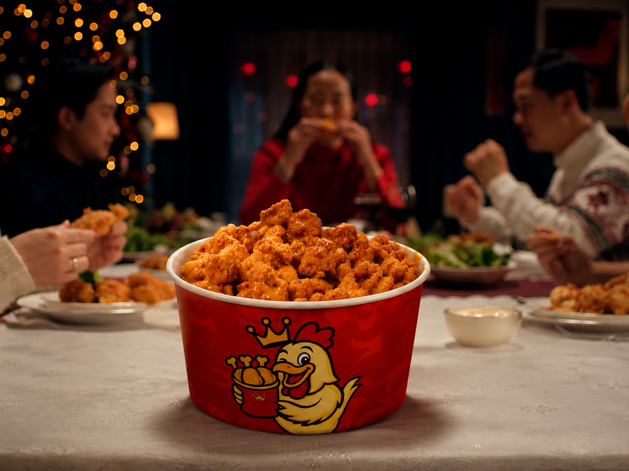 Balde de popcorn chicken King's Chicken com guaraná e molhos