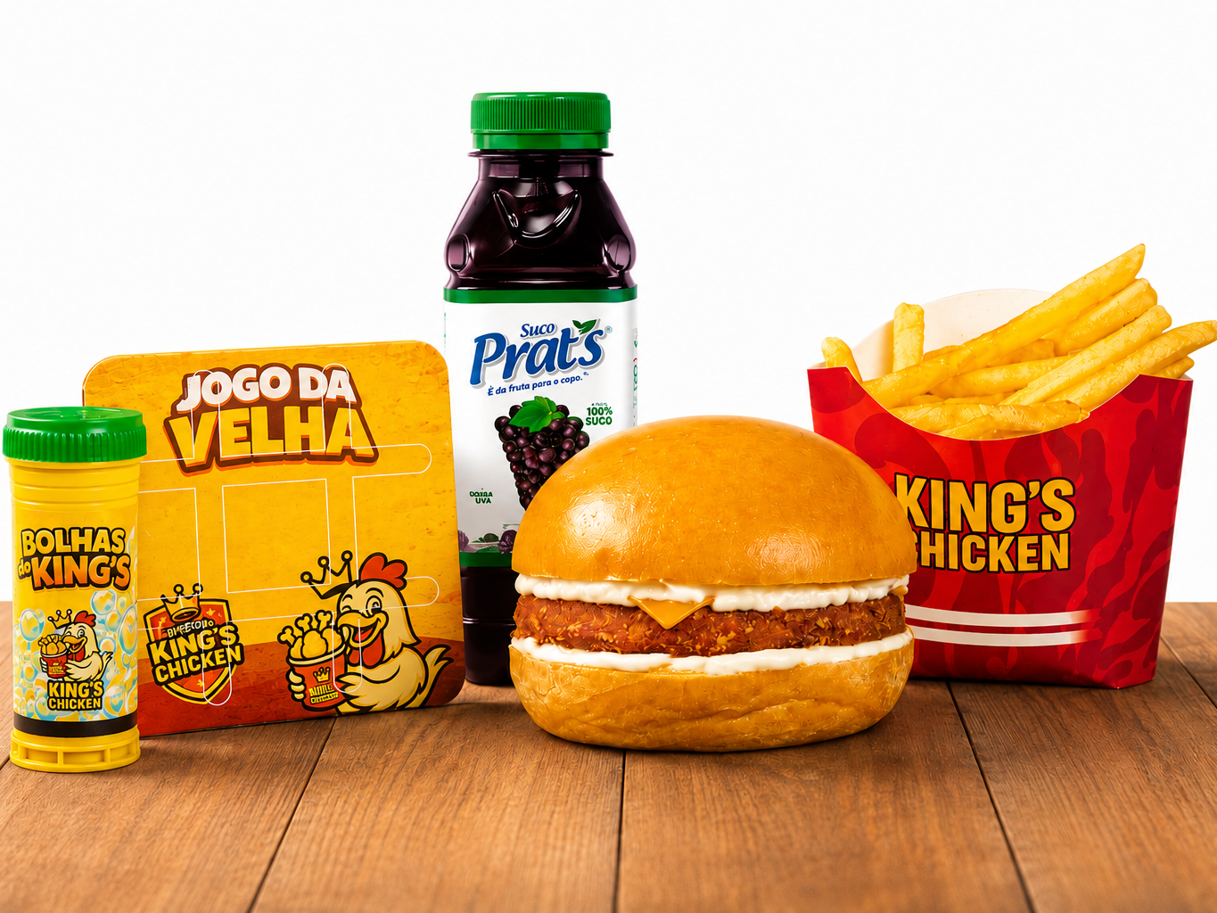 Hambúrguer King's Chicken com fritas e Coca-Cola