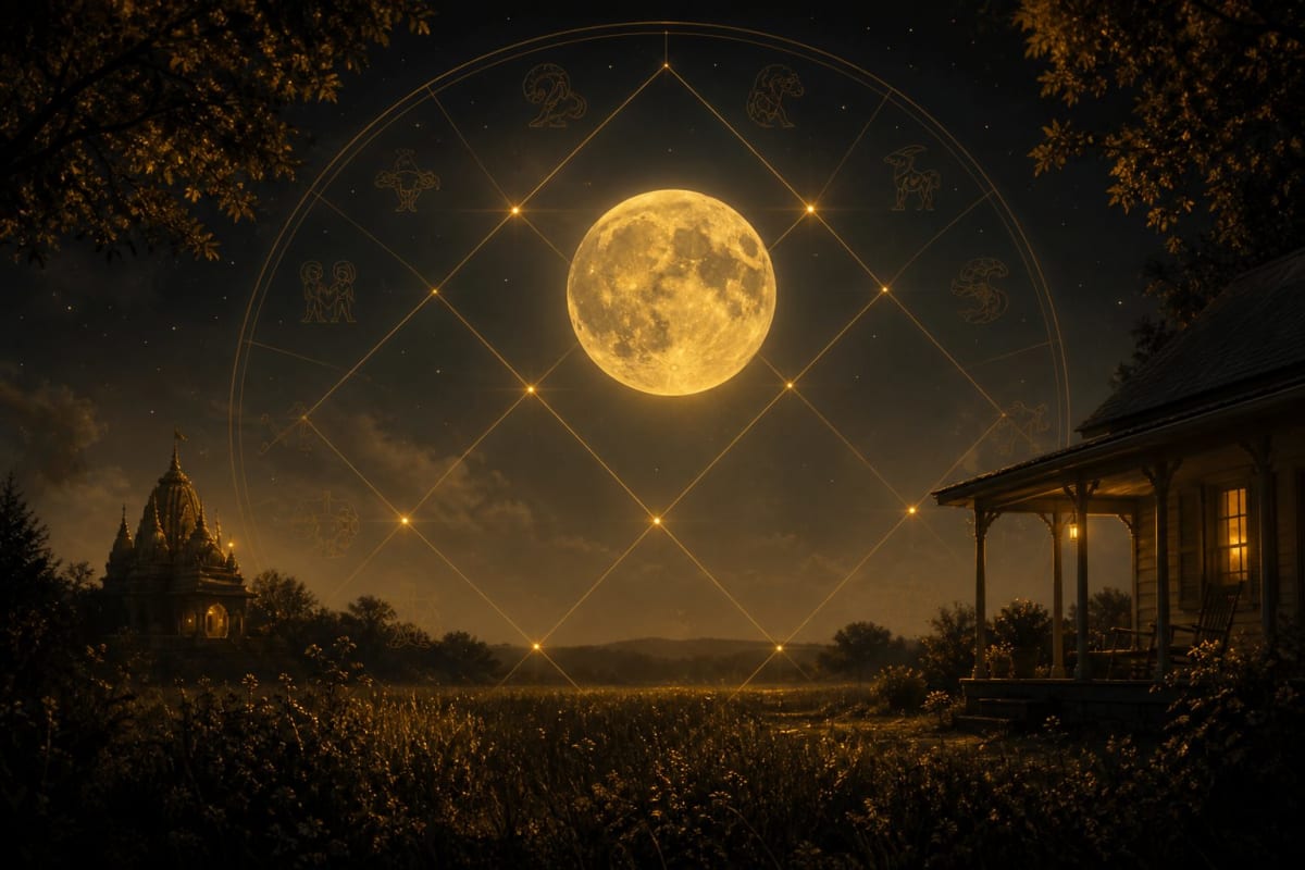 Harvest moon over a Vedic Kundli chart, with a temple and a Western porch under the same night sky