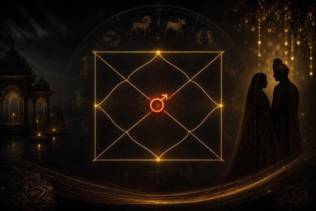 Vedic astrology Kundli chart with Mars symbol and traditional Indian wedding imagery