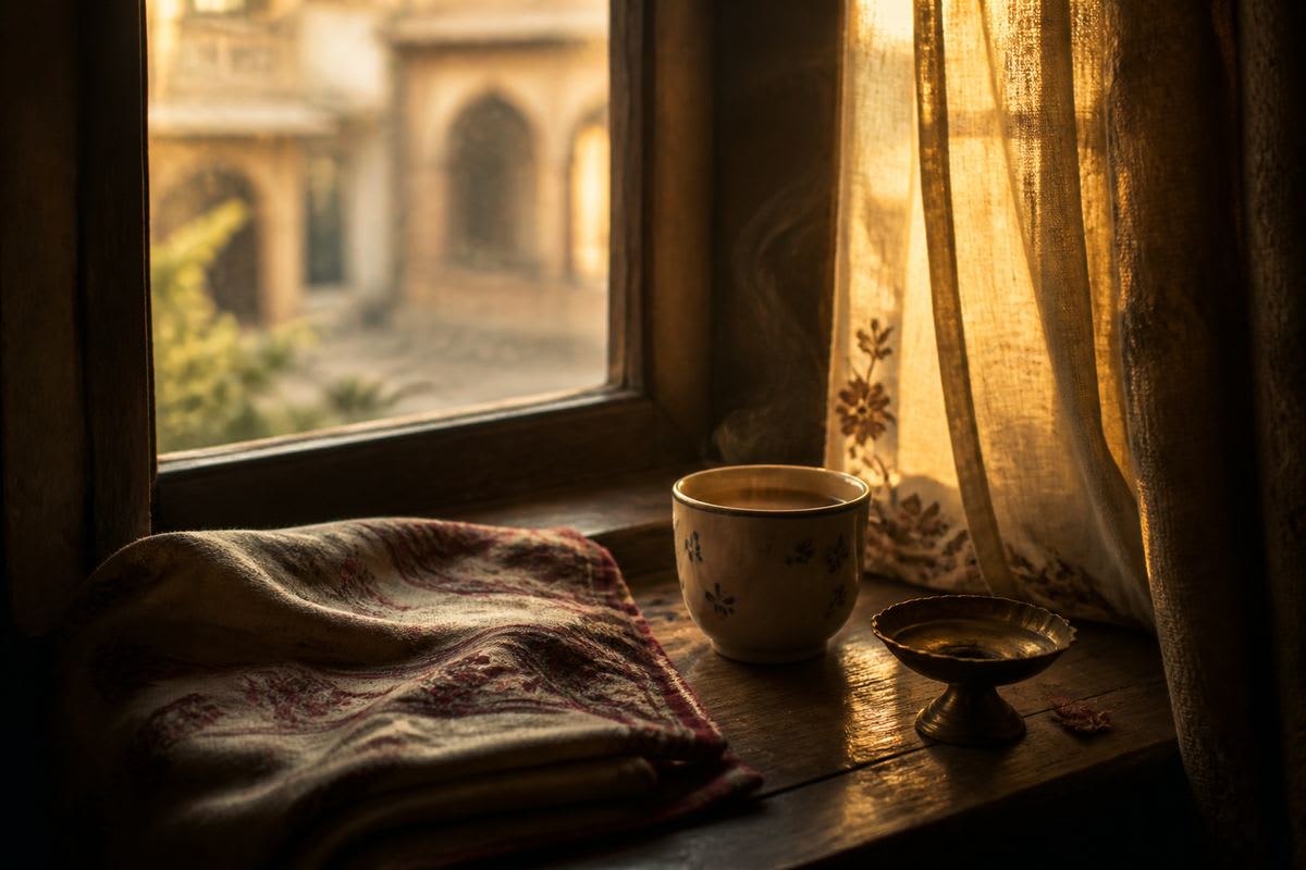 Steaming cup of chai on a wooden windowsill in warm sunrise light, with a folded cloth and a small brass diya.
