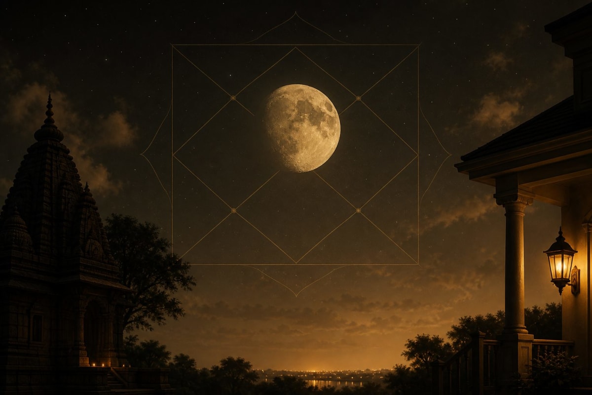 Waning moon over a Vedic Kundli chart, with a temple and a Western porch under the same night sky