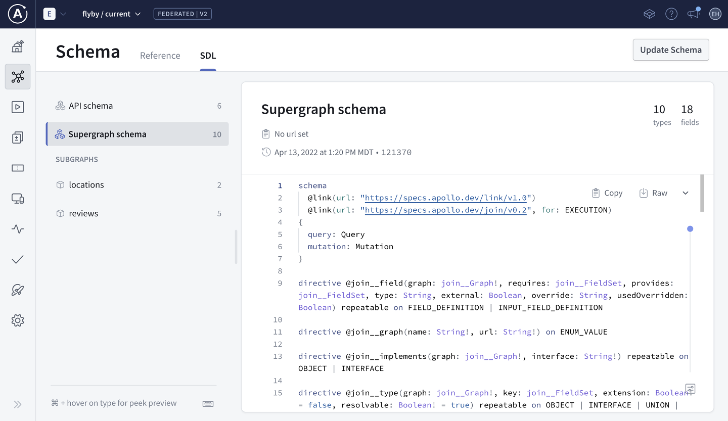 The supergraph schema composed from publishing two subgraphs