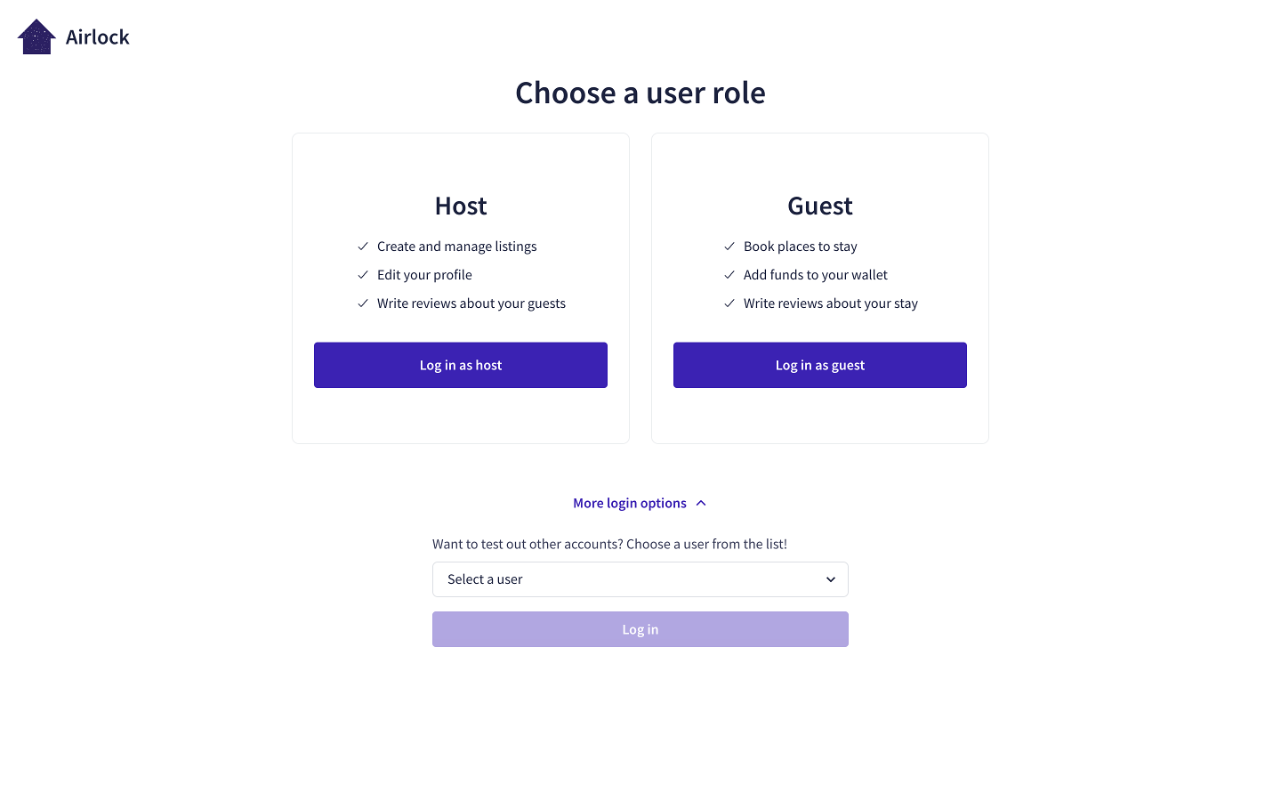 Screenshot of the Airlock login page showing the login options