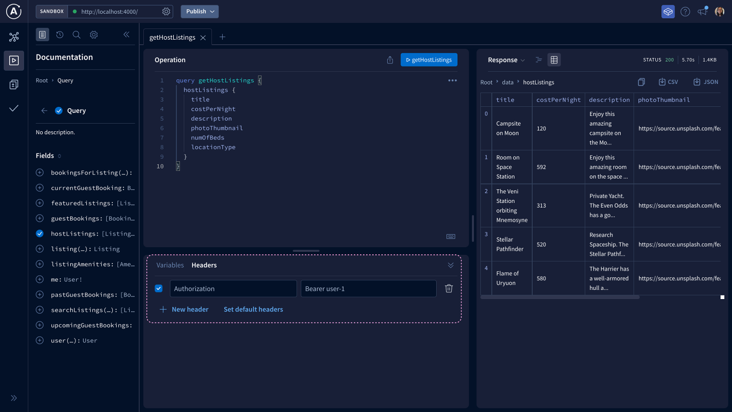 A screenshot of the GraphOS Studio Explorer. In the Headers tab at the bottom of the screen, there's a header called 'Authorization' with a value of 'Bearer user-1'.