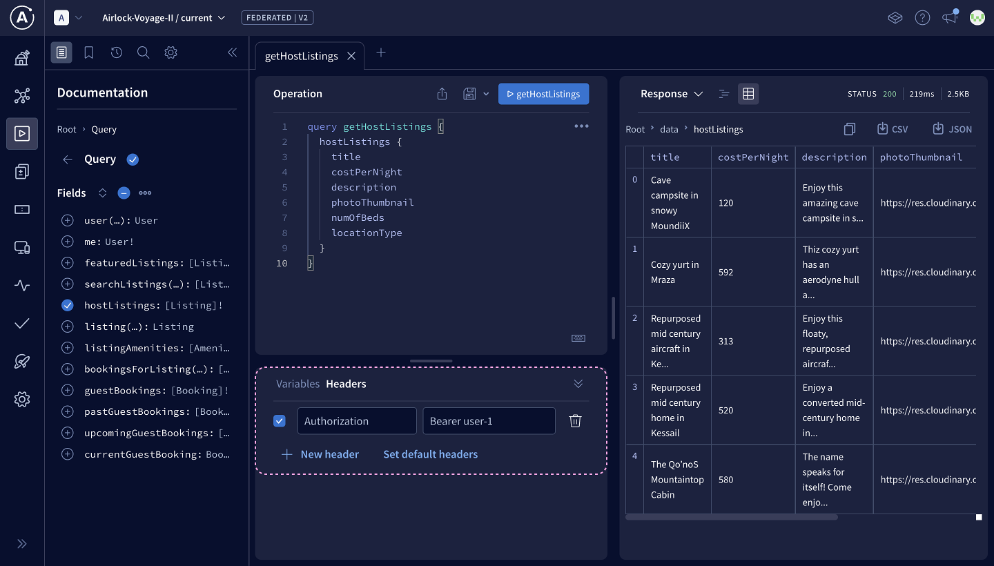 Screenshot of Studio showing where the Headers panel is on the bottom of the screen and where to add the authorization headers