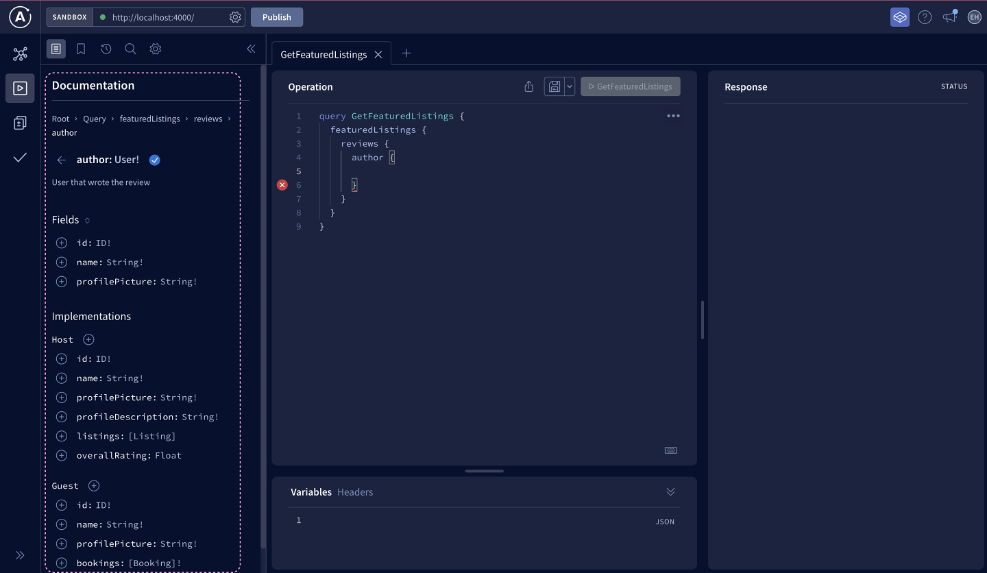 Adding the author field to a query for reviews, and the available fields on the types that implement it: Host and Guest