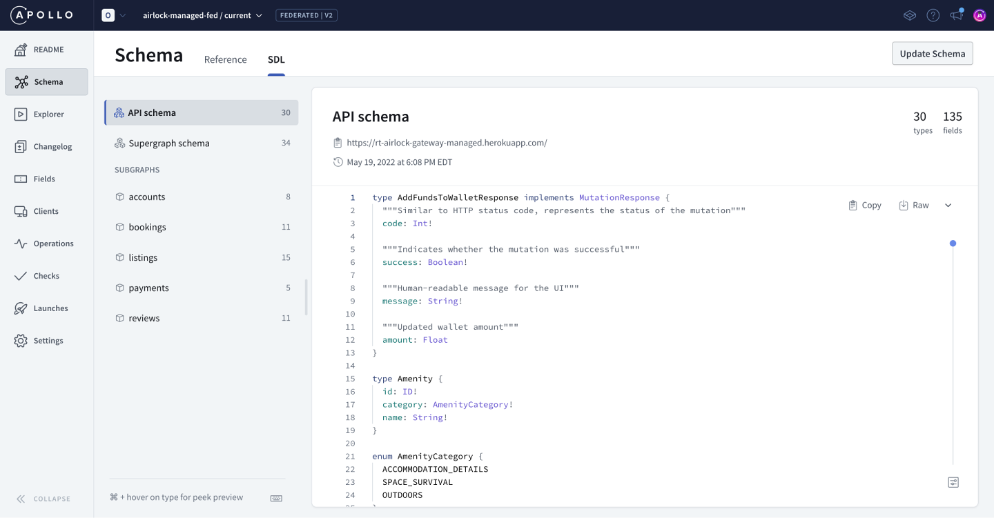 Screenshot of Apollo Studio showing the Airlock supergraph schema reference