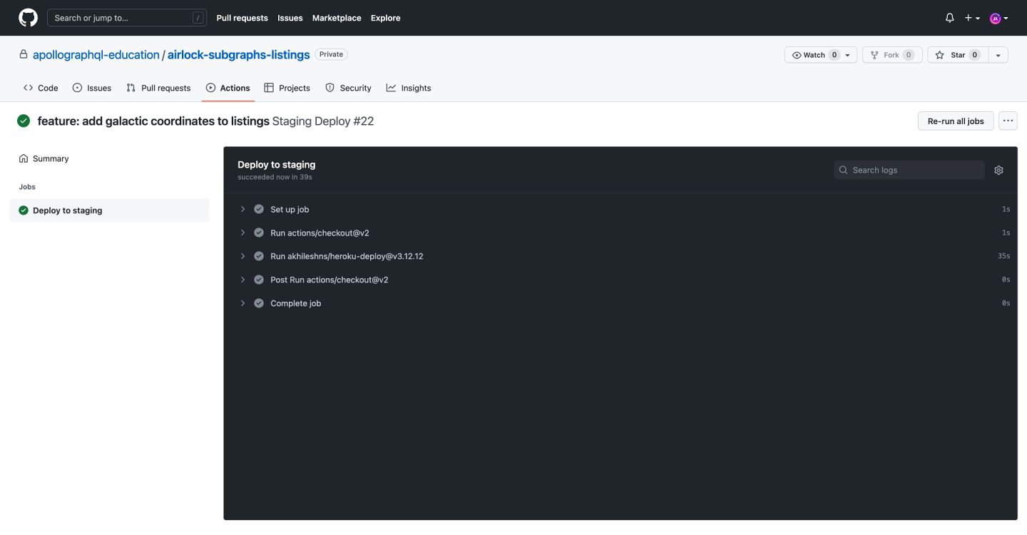 Screenshot of GitHub Actions with Staging Deploy job completed