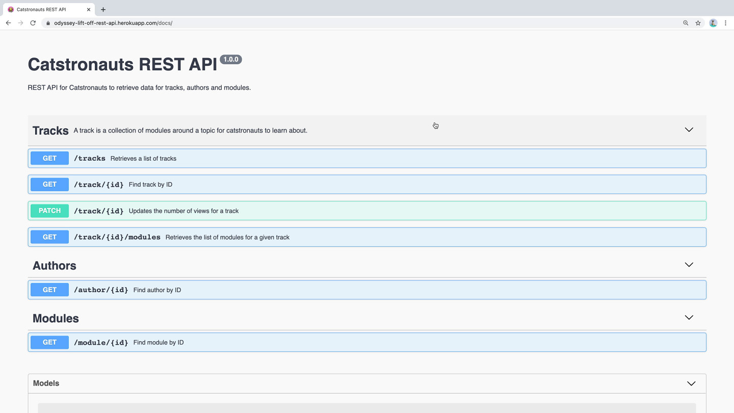 Screenshot of the documentation for the Catstronauts REST API