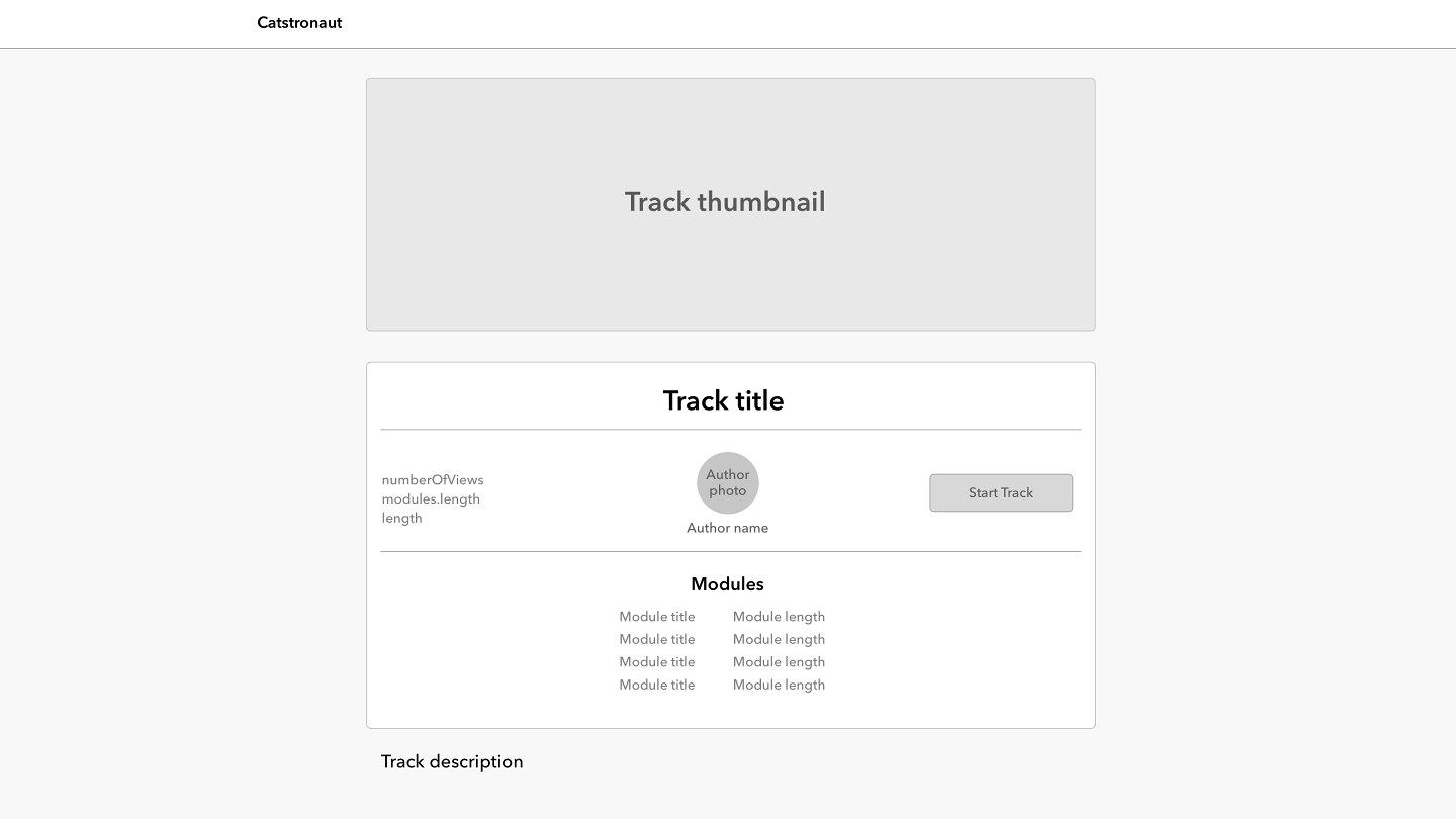 A mockup of the Track page showing a track thumbnail, title, and data about its modules