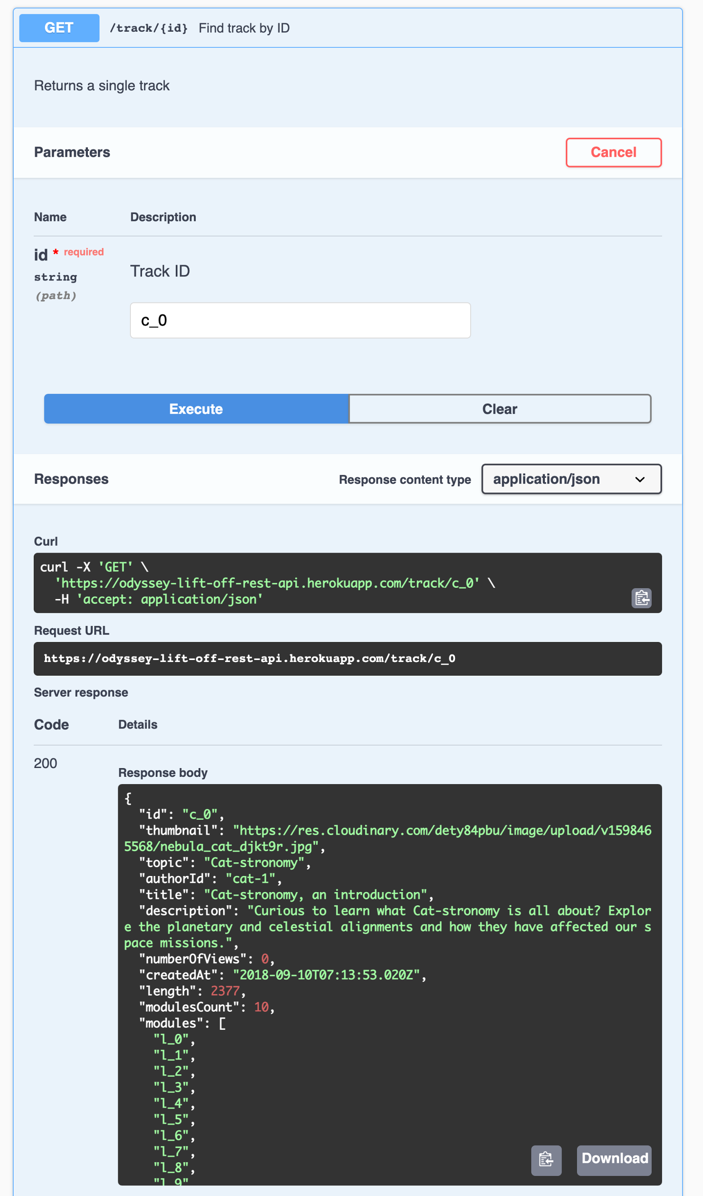 Screenshot of REST API docs with focus on the GET track/:id endpoint