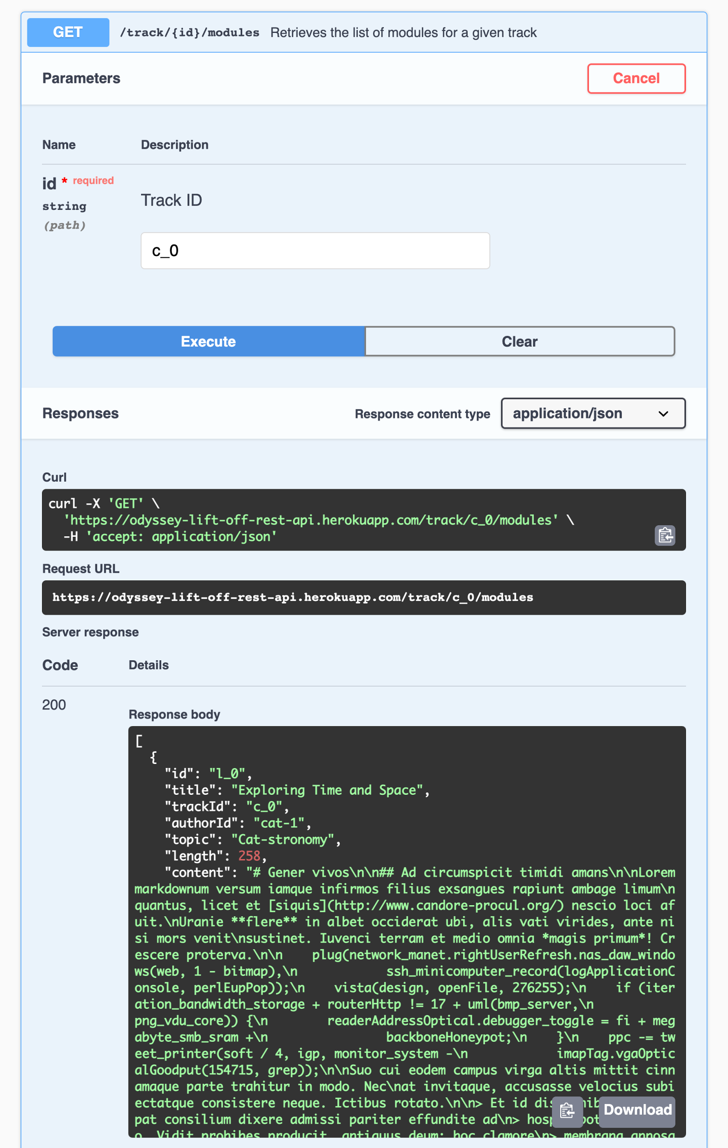 Screenshot of REST API docs with focus on the GET track/:id/modules endpoint