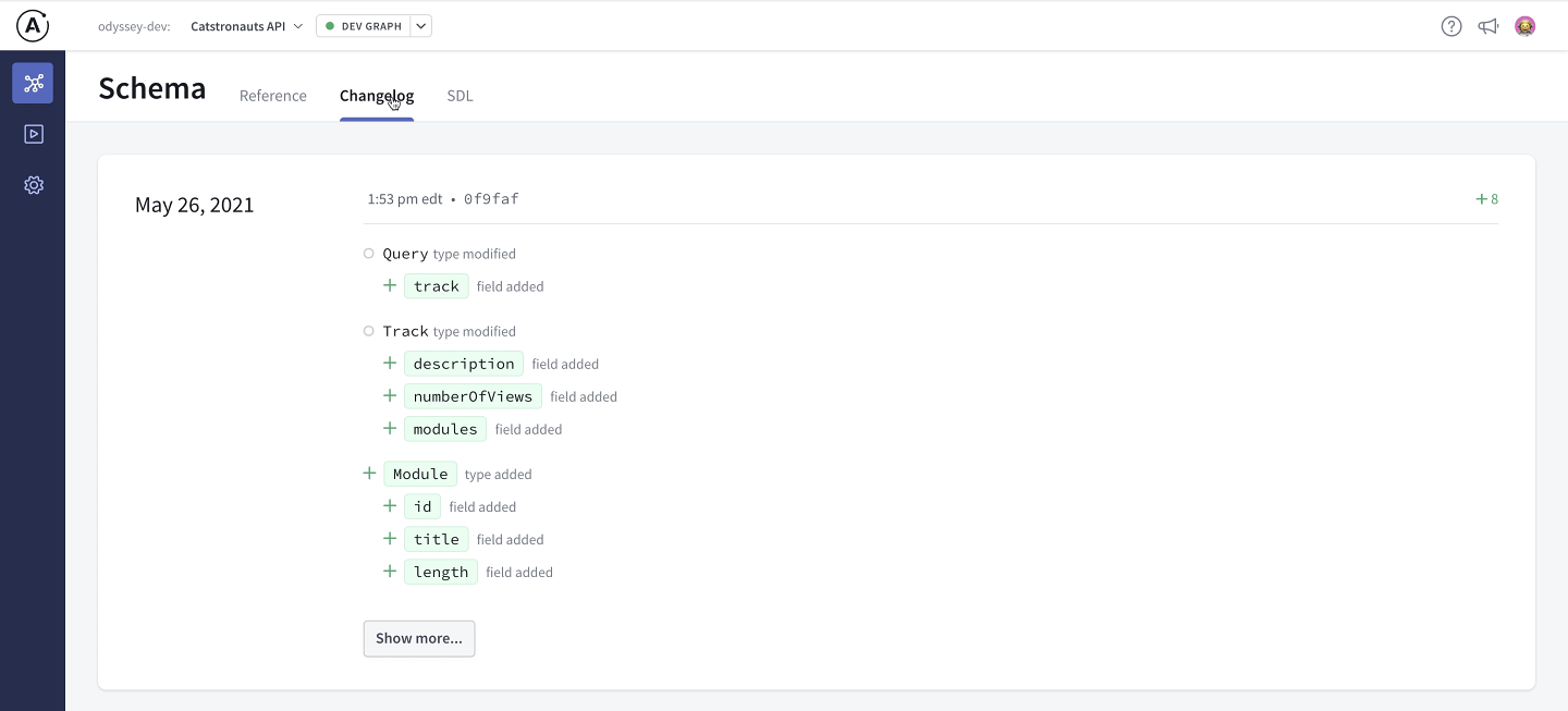 Screenshot of Apollo Studio Explorer in the Schema Changelog tab