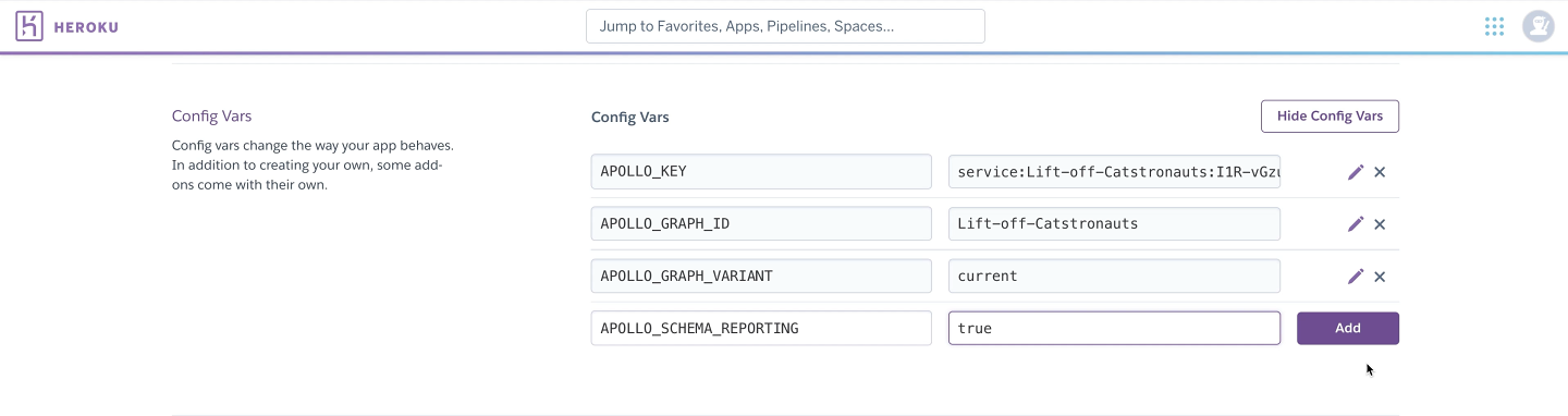 Screenshot of adding the environment variables in Heroku's Config Vars section