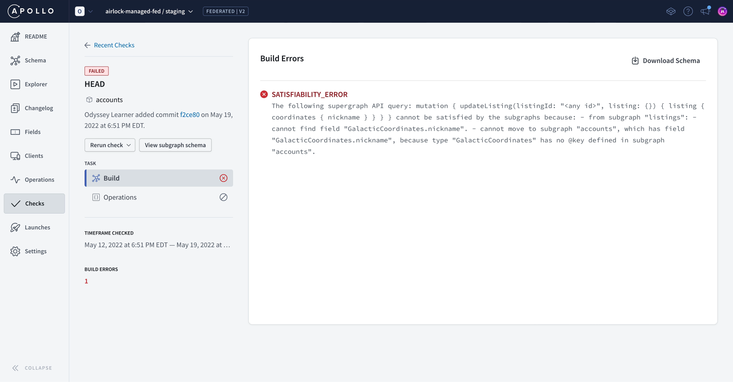 Screenshot of the failed check in Studio Checks page