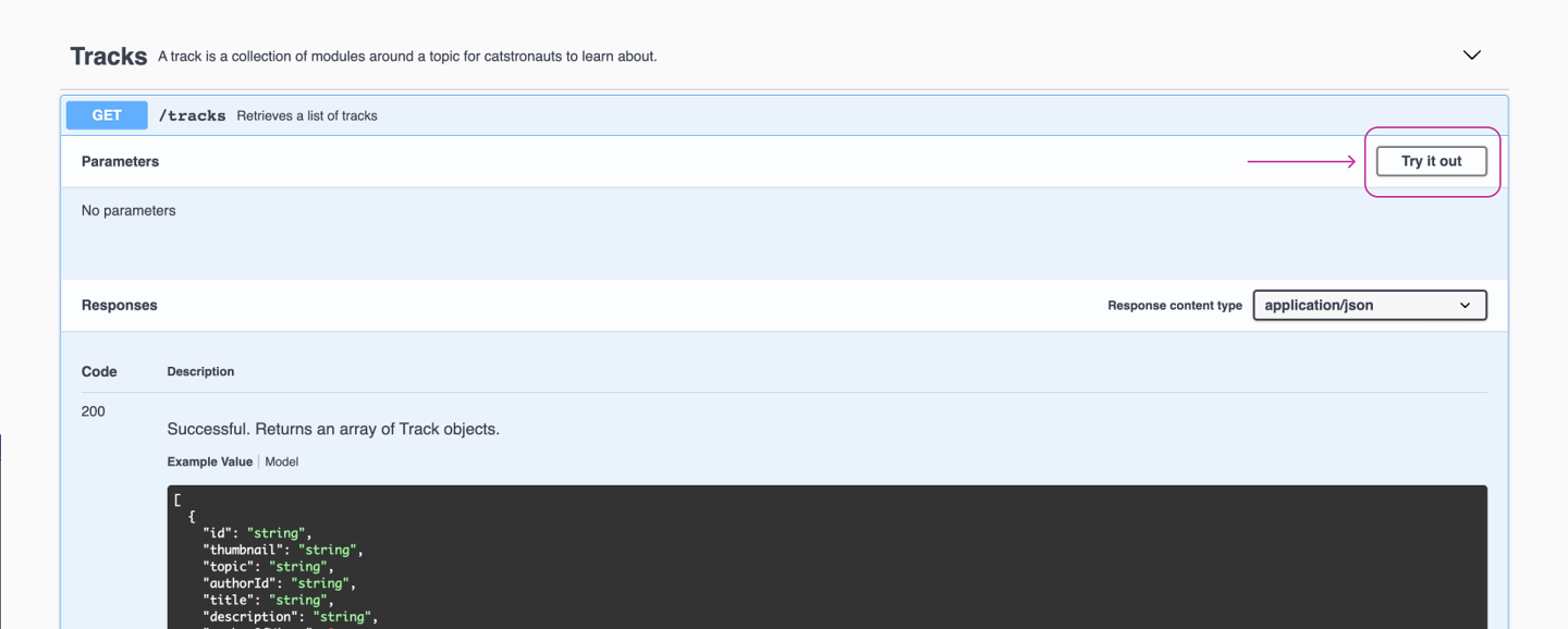 Screenshot identifying the Try it out button for the tracks endpoint of the Catstronauts REST API