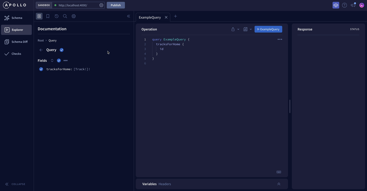 A screenshot of the Explorer interface in Apollo Sandbox. The UI has three main columns: Documentation, Operation, and Response.