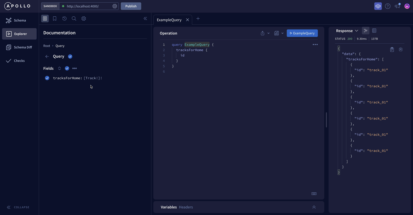 A screenshot of the Explorer interface after a query has been run. The Response panel now shows the JSON object for the data returned by the server.