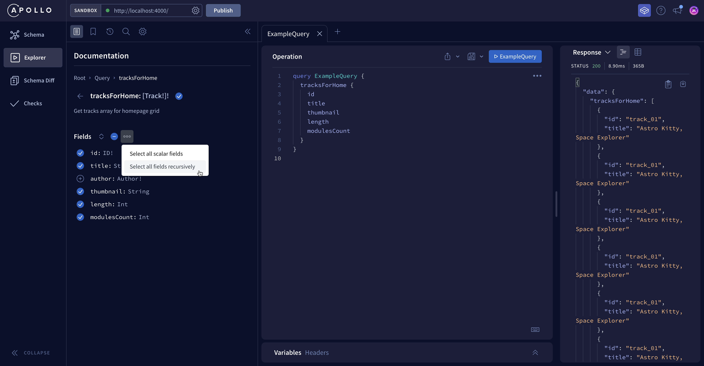 The Fields dropdown, showing the option to select all fields recursively