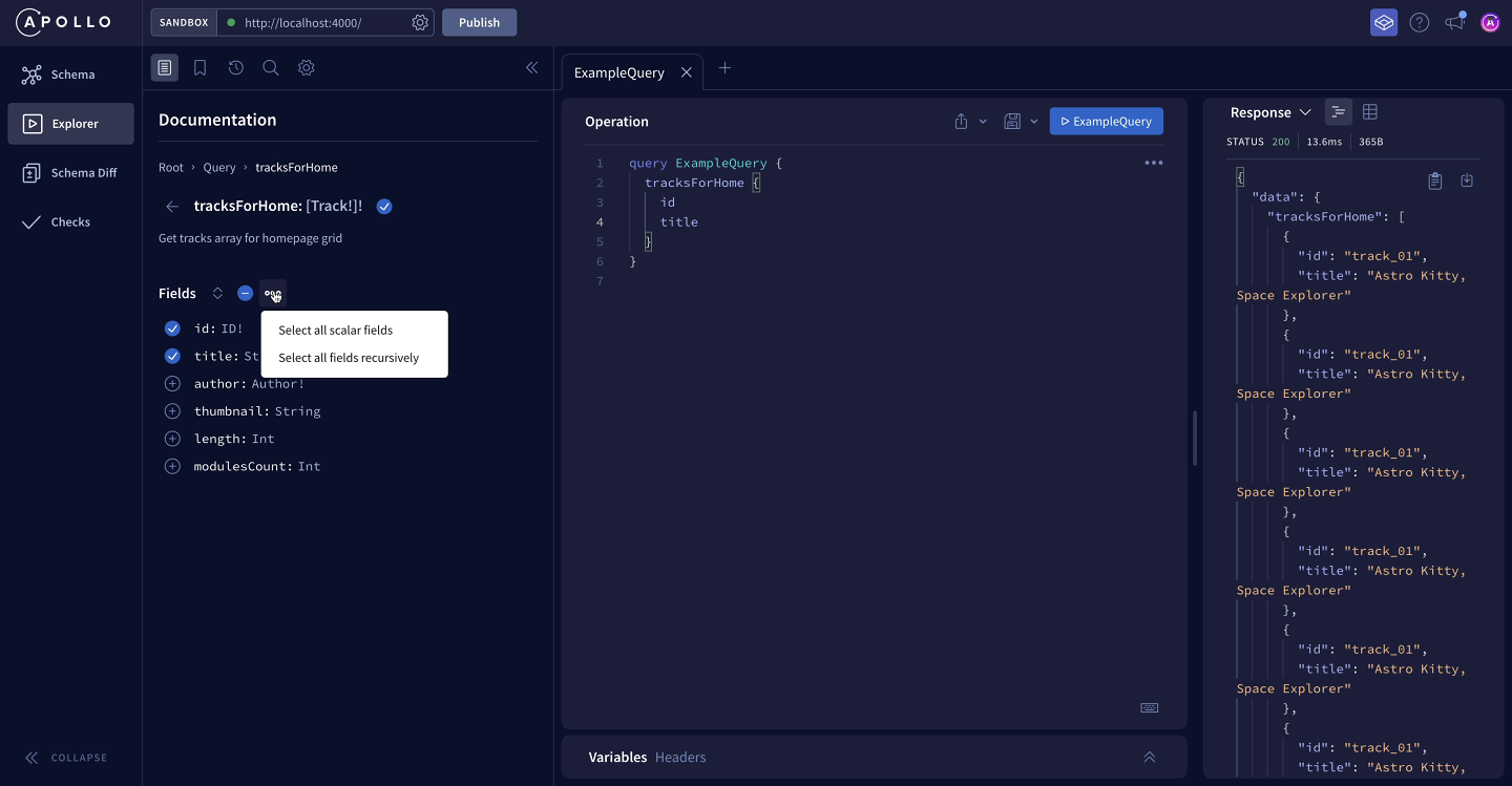 Opening the Fields dropdown to see options to add all fields to a query in Apollo Explorer
