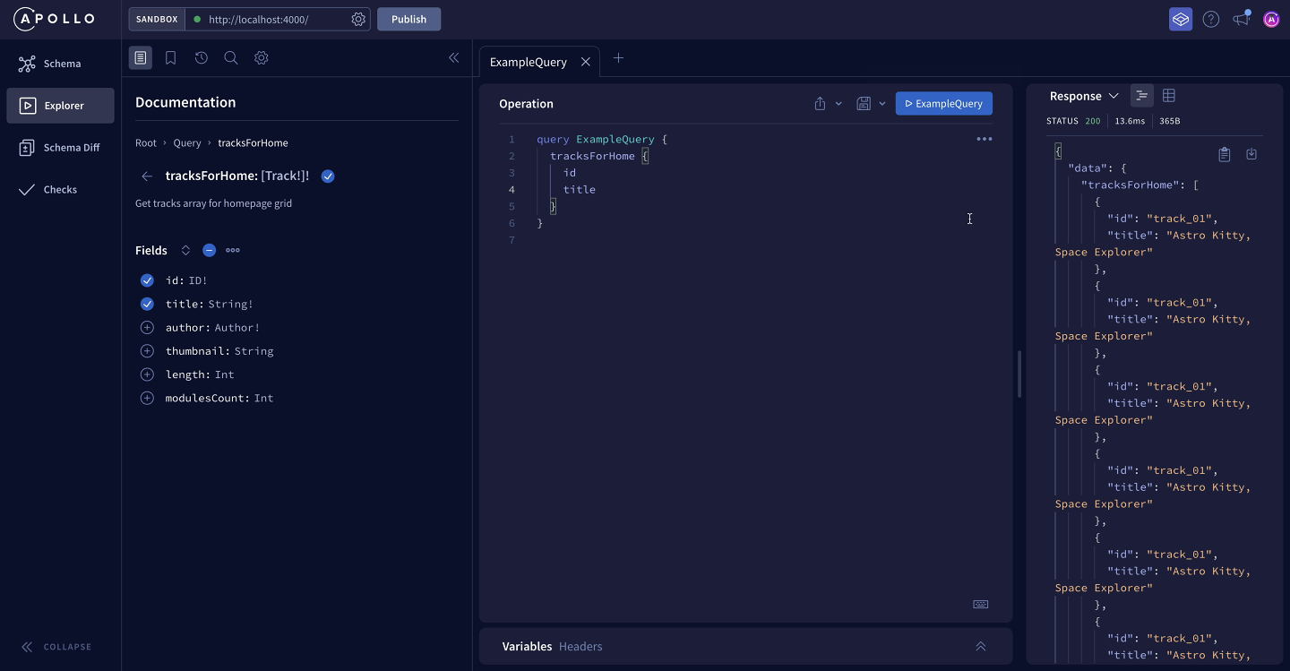 A screenshot of the Explorer interface, with the title field added to the query and response data populated.