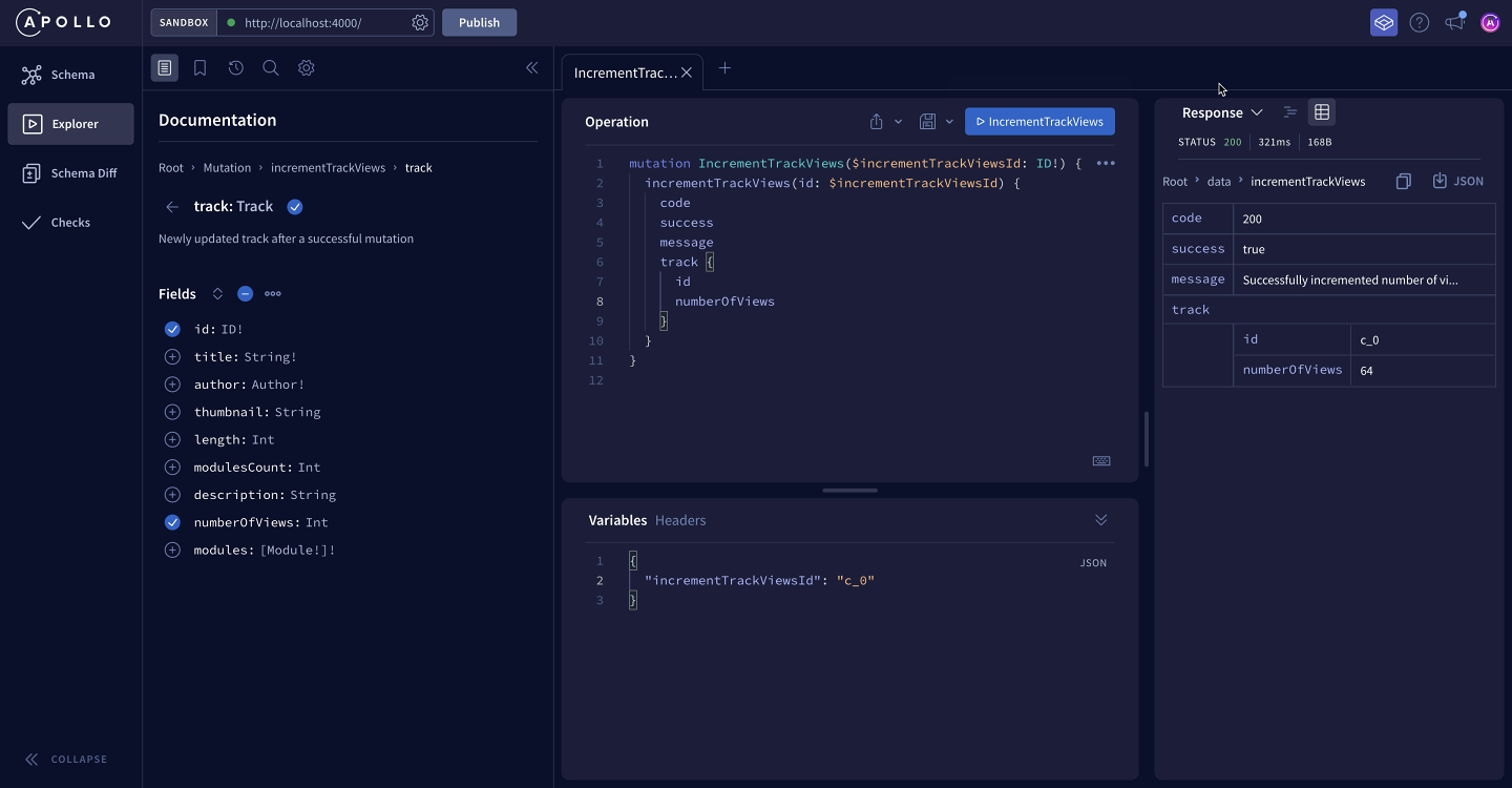 Screenshot of the Explorer showing a successful response to the IncrementTrackViews mutation
