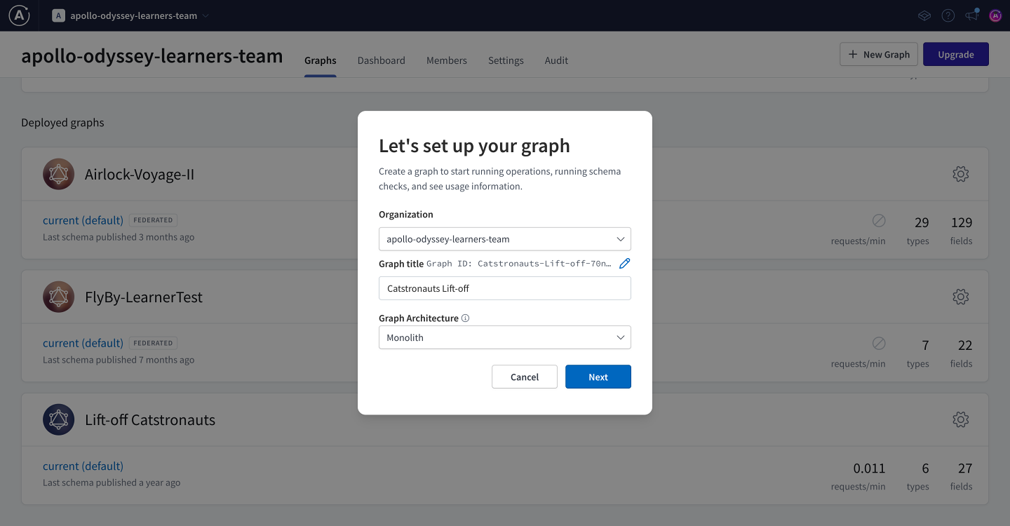 Screenshot of the modal for creating a new graph with the correct inputs