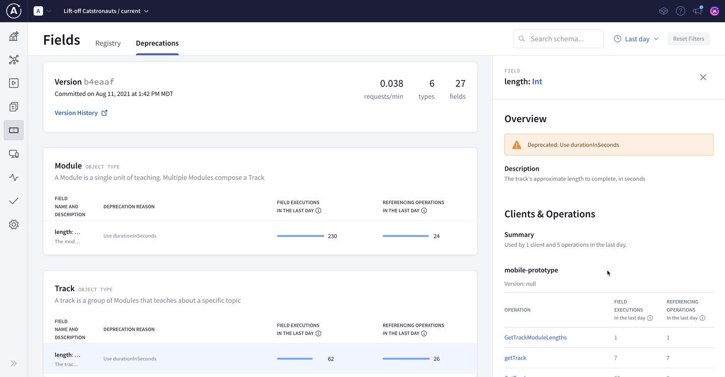 Screenshot of the Fields page in Apollo Studio, showing the deprecated `length` field and the clients that still use it