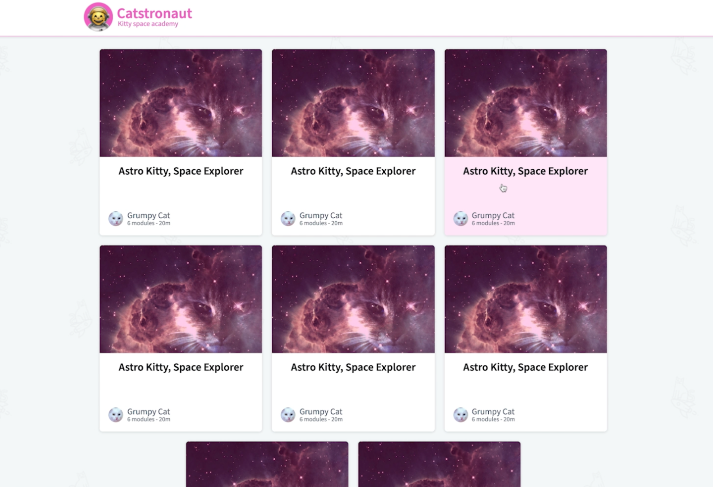 The UI of our Catstronauts app, displaying a number of track cards