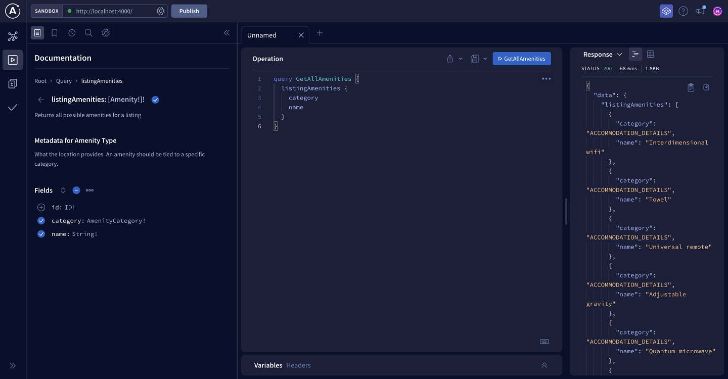 The Apollo Sandbox Explorer, showing a query for Amenities data